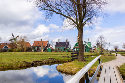 Dutch windmill village with traditional houses