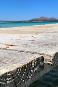 Surface level of driftwood on beach against clear blue sky