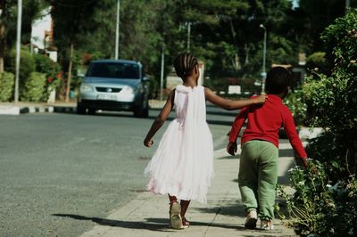 Rear view of brother and sister walking on footpath by plants