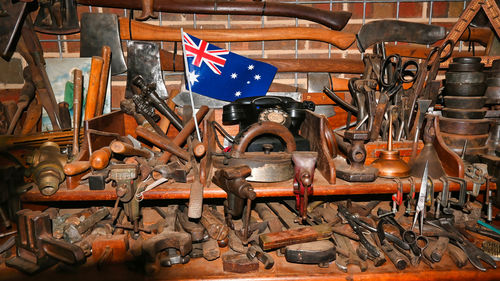 Row of flags on wooden floor