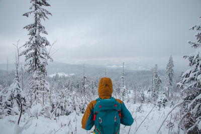 Rear view of woman standing on snow covered landscape