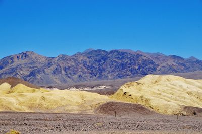 Scenic view of desert against clear blue sky