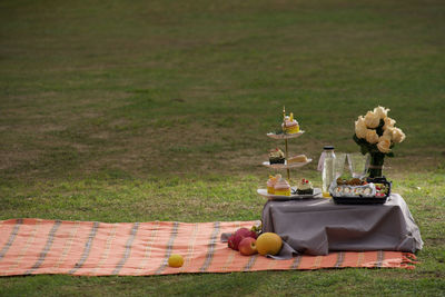 Food and flowers on picnic blanket over grassy field