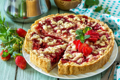 Close-up of dessert served on table