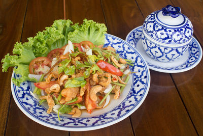 High angle view of meal served on table