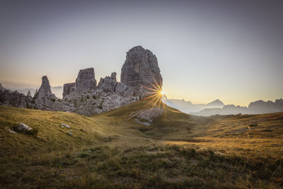 Scenic view of field against clear sky during sunset