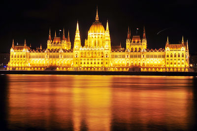 River in front of illuminated parliament building against sky at night
