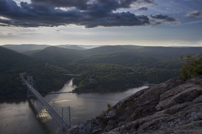 Scenic view of river amidst mountains against sky