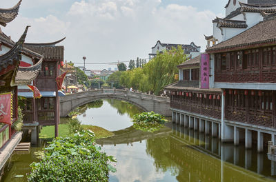 Arch bridge over canal amidst buildings against sky