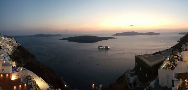 High angle view of sea against sky during sunset