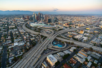 The downtown los angeles california and the city traffic at dusk