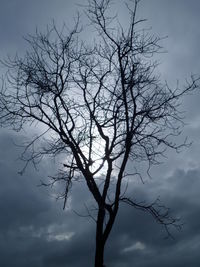 Low angle view of bare tree against cloudy sky