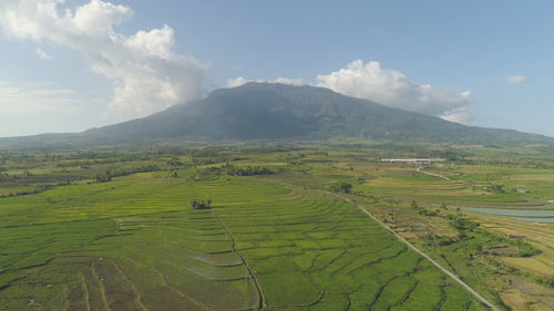 Mountain valley with farmland, rice terraces near mount isarog. philippines, luzon. 