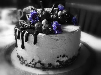 Close-up of cake served on table