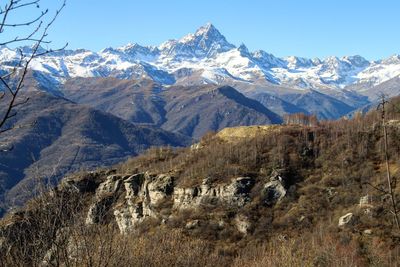 Scenic view of snowcapped mountains against sky