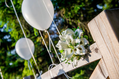 Calla lily bridal bouquet with balloons arranging on wooden fence