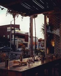 Chairs and tables against sky