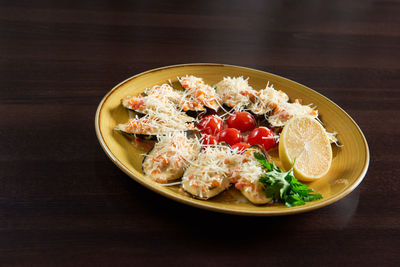 High angle view of salad in bowl on table