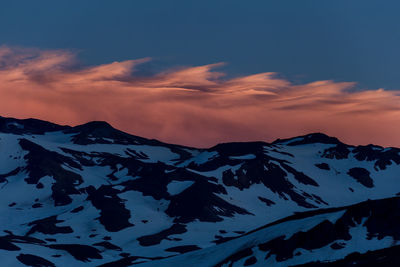 Scenic view of snowcapped mountains against sky at sunset