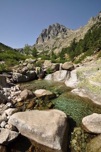 Rocks in mountains against clear sky