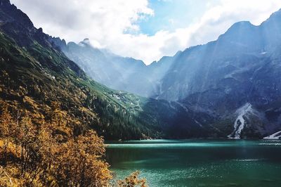 Scenic view of lake and mountains against sky