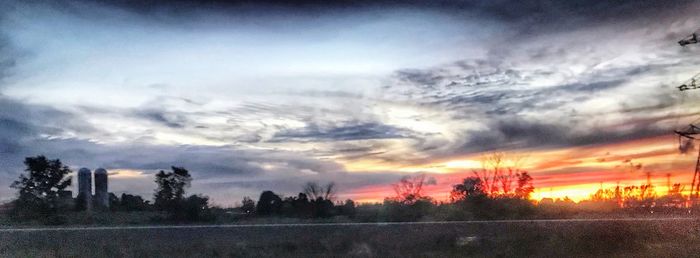 Silhouette trees on field against sky during sunset