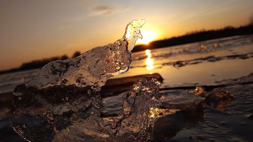 Close-up of frozen sea during sunset