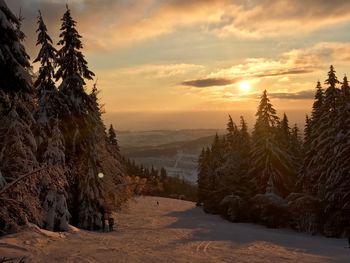 Scenic view of snow covered land during sunset