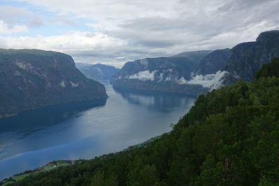 Scenic view of lake and mountains against sky