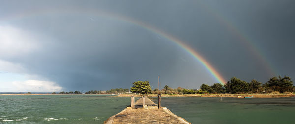 Scenic view of rainbow over sea against sky