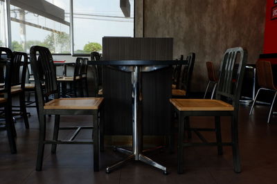 Empty chairs and tables in restaurant