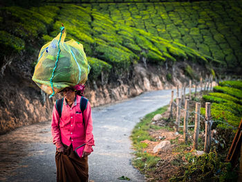 Rear view of woman walking on footpath