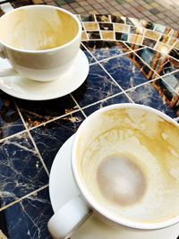 High angle view of coffee cup on table