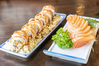 Close-up of sushi served on table
