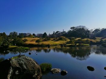 Scenic view of lake against clear blue sky