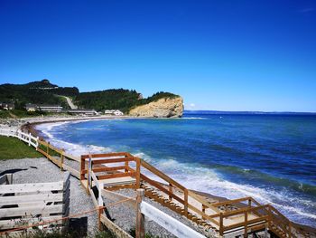 Scenic view of sea against clear blue sky