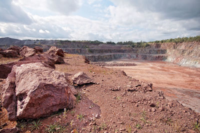 Open-pit mine against cloudy sky