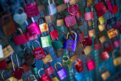 Full frame shot of love padlocks hanging on fence