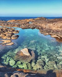 Aerial view of sea against blue sky