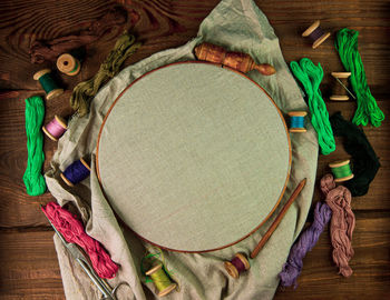 High angle view of hat on table