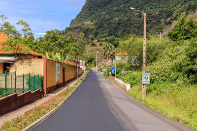 Road amidst trees and buildings against sky