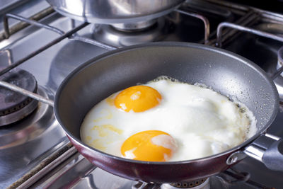 High angle view of breakfast in frying pan