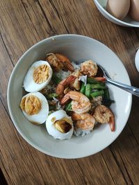 High angle view of food in plate on table