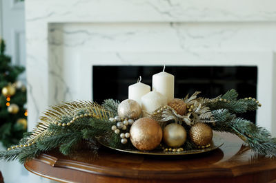 Close-up of christmas decoration on table