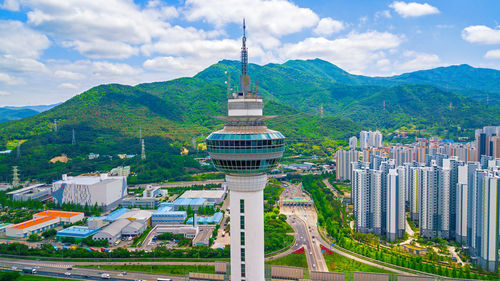 Panoramic view of buildings against cloudy sky