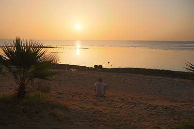 Rear view of man on beach against sky during sunset