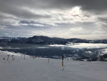 Scenic view of snowcapped mountains against sky