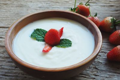 Close-up of strawberries in bowl on table