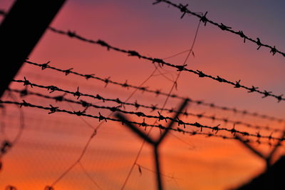 Close-up of barbed wire against sky during sunset