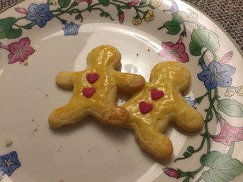 High angle view of cookies in plate